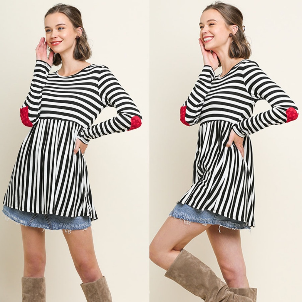 Babydoll Striped LS Tunic Top Red Heart Elbows S - Picture 2 of 8